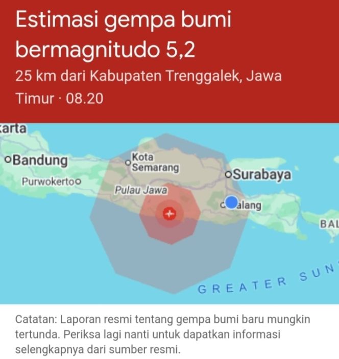 
					Peta BMKG yang menunjukkan lokasi terjadinya gempa
