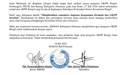 BAMAG Kabupaten Pasuruan Imbau GKJW Bangil Hentikan Sementara Kegiatan Ibadah di Rumah Doa Sukalipuro