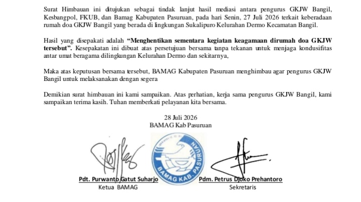 BAMAG Kabupaten Pasuruan Imbau GKJW Bangil Hentikan Sementara Kegiatan Ibadah di Rumah Doa Sukalipuro