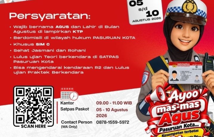 Satlantas Polres Pasuruan Kota Bagikan SIM C Gratis untuk Pemilik Nama Agus, Ini Syaratnya